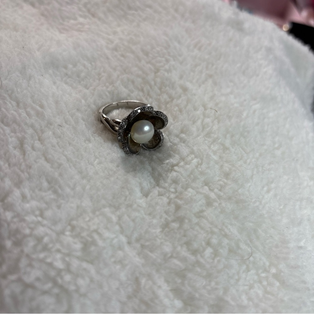 Vintage EA Affinity Diamond Sterling Silver 10mm Pearl Flower Ring Size 8 - Picture 2 of 7